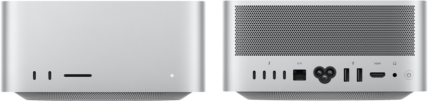 Mac Studio, forsiden, to USB-C-porter, SDXC-kortplass, statusindikatorlys, smalnet sokkel nederst, flat topp, avrundede sider, rette kanter, sølvfarget, Mac Studio, baksiden, perforert aluminiumskabinett, fire Thunderbolt 5-porter, én Ethernet-port, én strømforsyning, to USB-A-porter, én HDMI-port, én hodetelefonutgang og av/på-knapp