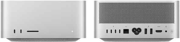 Mac Studio, forsiden, to USB-C-porter, SDXC-kortplass, statusindikatorlys, smalnet sokkel nederst, flat topp, avrundede sider, rette kanter, sølvfarget, Mac Studio, baksiden, perforert aluminiumskabinett, fire Thunderbolt 5-porter, én Ethernet-port, én strømforsyning, to USB-A-porter, én HDMI-port, én hodetelefonutgang og av/på-knapp