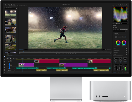 Studio Display XDR med innebygd stativ. Mac Studio passer perfekt under skjermen, som viser arbeidsflyten for videoredigering og fargegradering