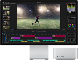 Studio Display XDR med innebygd stativ. Mac Studio passer perfekt under skjermen, som viser arbeidsflyten for videoredigering og fargegraderinG