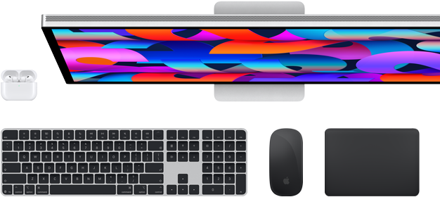 Samling av tilbehør og enheter, inkludert AirPods, Magic Keyboard med Touch ID, Magic Mouse, Magic Trackpad, Studio Display
