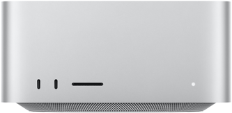 Mac Studio, forsiden, to USB-C-porter, SDXC-kortplass, statusindikatorlys, smalnet sokkel nederst, flat topp, avrundede sider, rette kanter, sølvfarget
