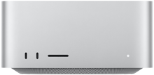 Mac Studio, forsiden, to USB-C-porter, SDXC-kortplass, statusindikatorlys, smalnet sokkel nederst, flat topp, avrundede sider, rette kanter, sølvfarget