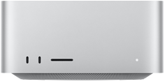 Mac Studio, forsiden, to USB-C-porter, SDXC-kortplass, statusindikatorlys, smalnet sokkel nederst, flat topp, avrundede sider, rette kanter, sølvfarget