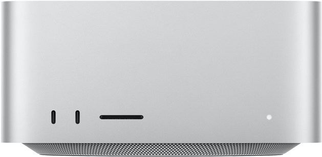 Mac Studio vist forfra i sølv, med to USB-C-porter, SDXC-kortplass, statusindikatorlys, smalnet sokkel nederst, flat topp, avrundede sider og rette kanter