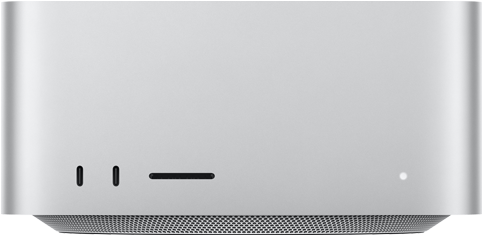 Mac Studio vist forfra i sølv, med to USB-C-porter, SDXC-kortplass, statusindikatorlys, smalnet sokkel nederst, flat topp, avrundede sider og rette kanter