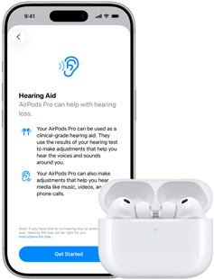 AirPods Pro 3 i et MagSafe-ladeetui vises ved siden av en iPhone 17 Pro med teksten «Høreapparat» på skjermen.