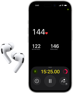 AirPods Pro 3 og nedre del av skjermen på en iPhone 17 Pro vises, der Mosjon-appen viser en pulsmåling.
