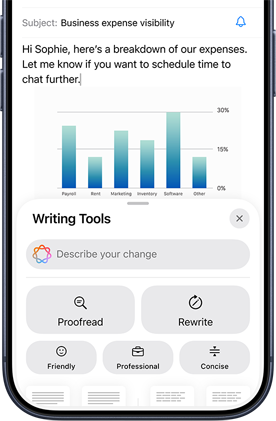 En demonstrasjon av Siri og visuell intelligens. På en Mac-skjerm vises et spørsmål om et emne i en PDF. Spørsmålet er: «Hva er noen andre eksempler på superhydrofobitet i naturen?». Svaret fra Siri er: