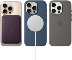 Tre iPhone 16 Pro-enheter, baksiden sett fra utsiden, med MagSafe-tilbehør festet: lommebok i finvev med MagSafe til iPhone, MagSafe-lader og silikondeksel med MagSafe til iPhone