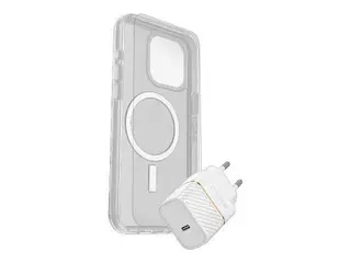 OtterBox Symmetry Series - Baksidedeksel for mobiltelefon MagSafe-samsvar - blank - med Premium Glass-skjermbeskytter og Fast Charge-vegglader USB-C 30 W - for Apple iPhone 15 Pro Max