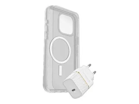 OtterBox Symmetry Series - Baksidedeksel for mobiltelefon MagSafe-samsvar - blank - med Premium Glass-skjermbeskytter og Fast Charge-vegglader USB-C 30 W - for Apple iPhone 15 Pro Max