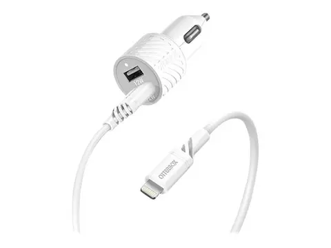 OtterBox Standard - Bilstr&#248;madapter 12 watt - 2.4 A - USB BC 1.2 - 2 utgangskontakter (2 x USB) - p&#229; kabel: Lightning - skyst&#248;vhvit