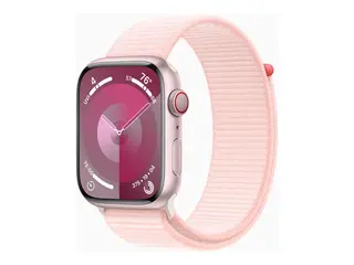 Apple Watch Series 9 (GPS + Cellular) 45 mm - rosa aluminium - smartklokke med sportssløyfe - myk dobbeltlagsnylon - lys rosa - 64 GB - Wi-Fi, Bluetooth, UWB, LTE - 4G - 39 g