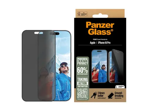 PanzerGlass - Skjermbeskyttelse for mobiltelefon ultrabred passform - glass - med personvernsfilter - 2-veis - rammefarge svart - for Apple iPhone 16 Pro