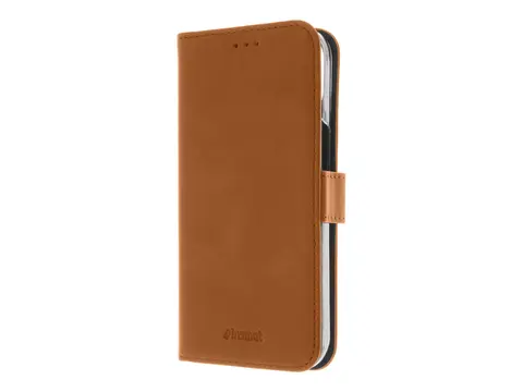 Insmat Premium - Lommebok for mobiltelefon ekte skinn, polykarbonat, kartong+papir+aluminiumsfolie, bomullssting - brun - for Apple iPhone 15