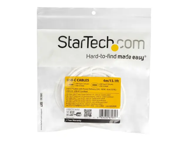 StarTech.com USB C to Cable - 13 ft / 4m 5A PD M/M White 2.0 USB-I...