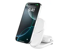 Belkin UltraCharge - Tr&#229;dl&#248;st ladestativ 2-i-1, Qi2, magnetisk, sammenleggbar + AC-str&#248;madapter - 25 watt - Ultra Fast Charge (24 pin USB-C) - hvit