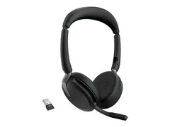 Jabra Evolve2 65 Flex UC Stereo Hodesett - on-ear - Bluetooth - tr&#229;dl&#248;s - aktiv st&#248;ydemping - USB-A - svart - med tr&#229;dl&#248;s ladepute - Optimert for UC