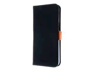 Insmat Exclusive - Lommebok for mobiltelefon ekte skinn, polykarbonat, kartong+papir+aluminiumsfolie, bomullssting - svart / oransje - for Apple iPhone 15 Pro Max