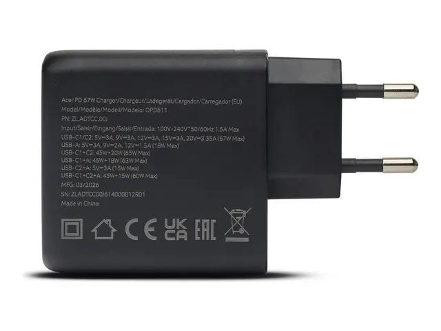 Acer OPD611 - USB-C-strømadapter - GaN2 - AC - 67 watt - utgangsko...
