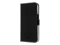 Insmat Exclusive - Lommebok for mobiltelefon ekte skinn, polykarbonat, kartong+papir+aluminiumsfolie, bomullssting - svart - for Apple iPhone 15