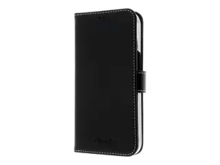 Insmat Exclusive - Lommebok for mobiltelefon ekte skinn, polykarbonat, kartong+papir+aluminiumsfolie, bomullssting - svart - for Apple iPhone 15