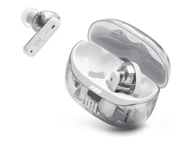 JBL TUNE Beam 2 - Ghost Edition - True wireless-hodetelefoner med mikrofon i øret - Bluetooth - aktiv støydemping - spøkelseshvit 