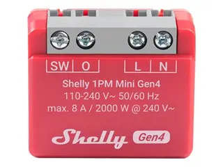 Shelly 1PM Mini Gen4 - Relésvitsj - trådløs 802.11b/g/n/ax, Bluetooth 5.0, ZigBee - 2412 - 2472 Mhz, 2402 - 2480 Mhz, 2400 - 2483.5 Mhz - rød, musegrå