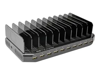 Eaton Tripp Lite Series 10-Port USB Charging Station with Adjustable Storage, 12V 8A (96W) USB Charger Output, Schuko Power Cord Strømadapter - 96 watt - 8 A - 10 utgangskontakter (10 x 4-pins USB-type A) - svart
