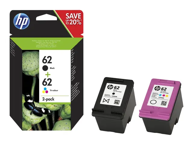 HP 62 - 2-pack pigmentert svart, farge (cyan, magenta, gul) origin...