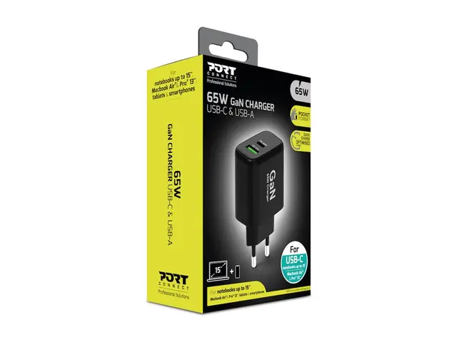 PORT Connect - Strømadapter GaN 65 watt 3.25 A PD, QC 3.0 2 utgang...