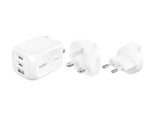Belkin BoostCharge Pro - Strømadapter - GaN 100 watt - PD 3.1/PPS - 3 utgangskontakter (2 x USB-C, USB) - hvit - med reiselader sett