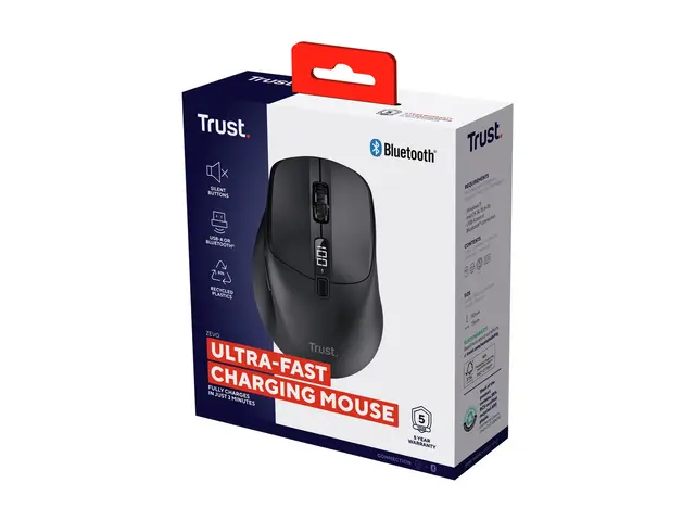 Trust Zevo - Mus - høyrehendt - optisk - 5 knapper trådløs - 2.4 GHz, Bluetooth - USB trådløs mottaker - svart 
