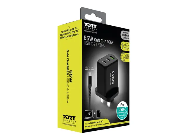 PORT Connect - Strømadapter 65 watt 5 A PD, QC 3.0 3 utgangskontak...