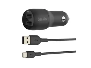 Belkin BoostCharge Dual Charger - Bilstrømadapter 24 watt - 4.8 A - 2 utgangskontakter (USB) - på kabel: USB-C - svart