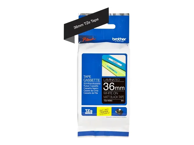 Brother TZe-M365 - Matt adhesiv hvittrykk på mattsvart Rull (3,6 c...