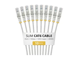 Startech - Koblingskabel - RJ-45 (hann) til RJ-45 (hann) 25 cm - 3.6 mm - UTP - CAT 6 - IEEE 802.3bt Type 4 - halogenfri, 100W PoE support, uten hindringer, flertrådet, slank, formstøpt - grå (en pakke 10)