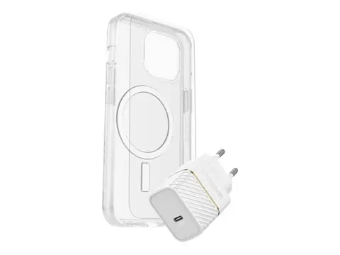 OtterBox Symmetry Series - Baksidedeksel for mobiltelefon MagSafe-samsvar - blank - med Premium Glass-skjermbeskytter og Fast Charge-vegglader USB-C 30 W - for Apple iPhone 15 Plus