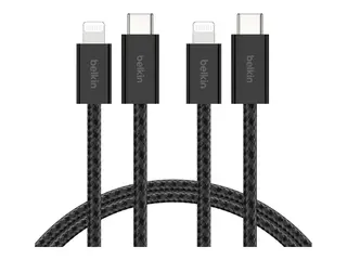Belkin BoostCharge - Lightning-kabel - 24 pin USB-C hann til Lightning hann 1.5 m - MFI-sertifisert - svart - Rask lading (en pakke 2)