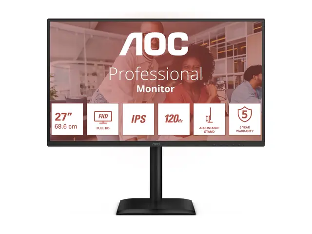 AOC 27E4U - LED-skjerm - 27" - 1920 x 1080 Full HD (1080p) @ 120 Hz IPS - 300 cd/m² - 1500:1 - 4 ms - HDMI, VGA, DisplayPort - høyttalere - svart 