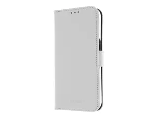 Insmat Exclusive - Lommebok for mobiltelefon ekte skinn, polykarbonat, kartong+papir+aluminiumsfolie - hvit - for Apple iPhone 15 Pro