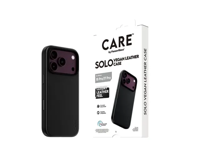 CARE by PanzerGlass Solo - Beskyttende deksel for mobiltelefon MagSafe-samsvar - veganlær - svart - for Apple iPhone 17 Pro, 18 Pro 