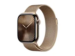 Apple Watch Series 10 (GPS + Cellular) 42 mm - gull titan - smartklokke med fint strikket l&#248;kke - nett av rustfritt st&#229;l - gull - h&#229;ndleddst&#248;rrelse: 130-180 mm - 64 GB - LTE, Wi-Fi 4, UWB, Bluetooth - 4G - 34.4 g