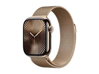Apple Watch Series 10 (GPS + Cellular) - 42 mm gull titan - smartklokke med fint strikket l&#248;kke - nett av rustfritt st&#229;l - gull - h&#229;ndleddst&#248;rrelse: 130-180 mm - 64 GB - LTE, Wi-Fi 4, UWB, Bluetooth - 4G - 34.4 g