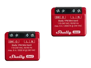 Shelly 1PM Mini Gen3 - Relésvitsj - trådløs 802.11b/g/n, Bluetooth 4.2 - 2400 - 2483.5 Mhz - rød, svart (en pakke 2)