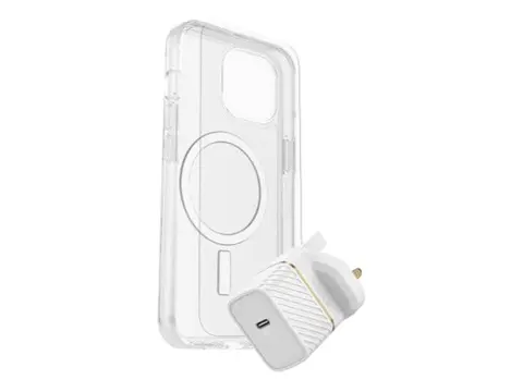 OtterBox Symmetry Series - Baksidedeksel for mobiltelefon MagSafe-samsvar - blank - med Premium Glass-skjermbeskytter og Fast Charge-vegglader USB-C 30 W - for Apple iPhone 15 Plus