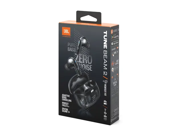 JBL TUNE Beam 2 - Ghost Edition - True wireless-hodetelefoner med mikrofon i øret - Bluetooth - aktiv støydemping - spøkelsessvart 