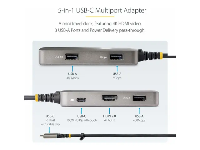 StarTech.com USB-C Multiport Adapter, 4K 60Hz HDMI, HDR, 3-Port US...