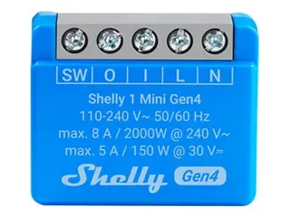 Shelly 1 Mini - Gen 4 - relésvitsj - trådløs 802.11b/g/n/ax, Bluetooth 5.0, ZigBee - 2402 - 2480 Mhz, 2412 - 2472 Mhz, 2400 - 2483.5 Mhz - blå, grå